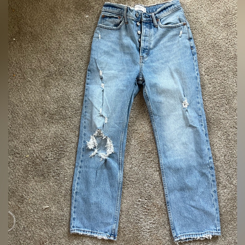 Abercrombie & Fitch The Dad High Rise Jeans Light Wash Denim Distressed Size 25